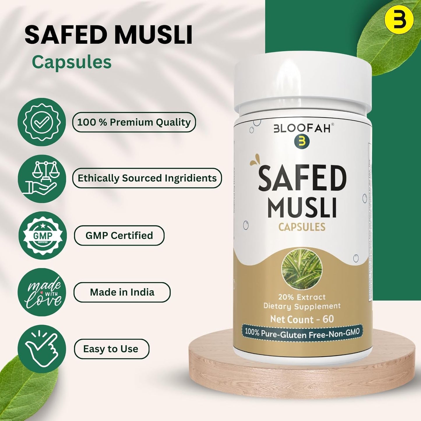 Premium Quality Bloofah Safed Musli Capsules 500mg | 20% Extract Powder | Herbal Supplement with Chlorophytum borivilianum | Non-GMO & Gluten-Free | Enhanced Purity & Potency | 60 Count Pack