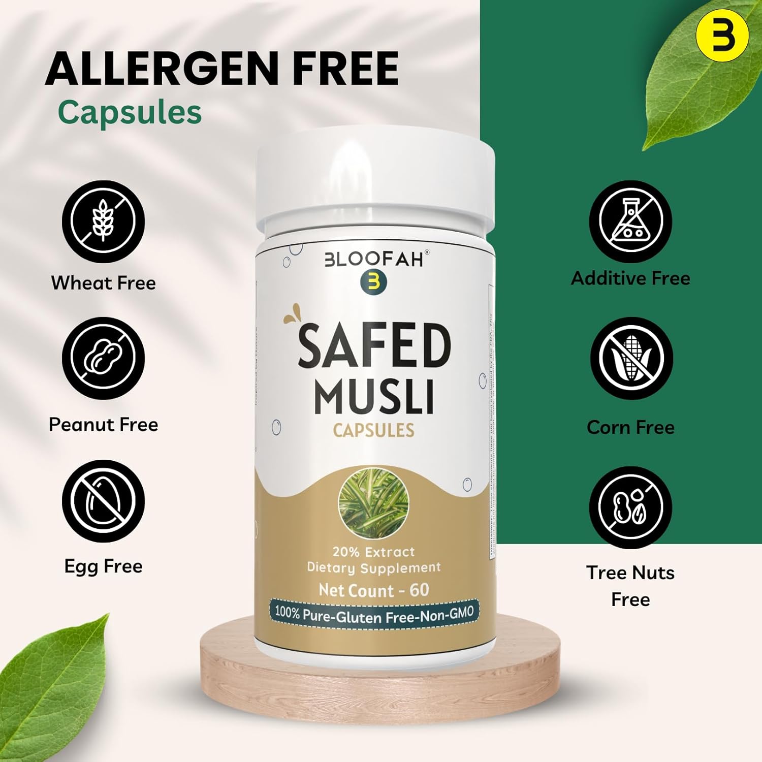 Premium Quality Bloofah Safed Musli Capsules 500mg | 20% Extract Powder | Herbal Supplement with Chlorophytum borivilianum | Non-GMO & Gluten-Free | Enhanced Purity & Potency | 60 Count Pack