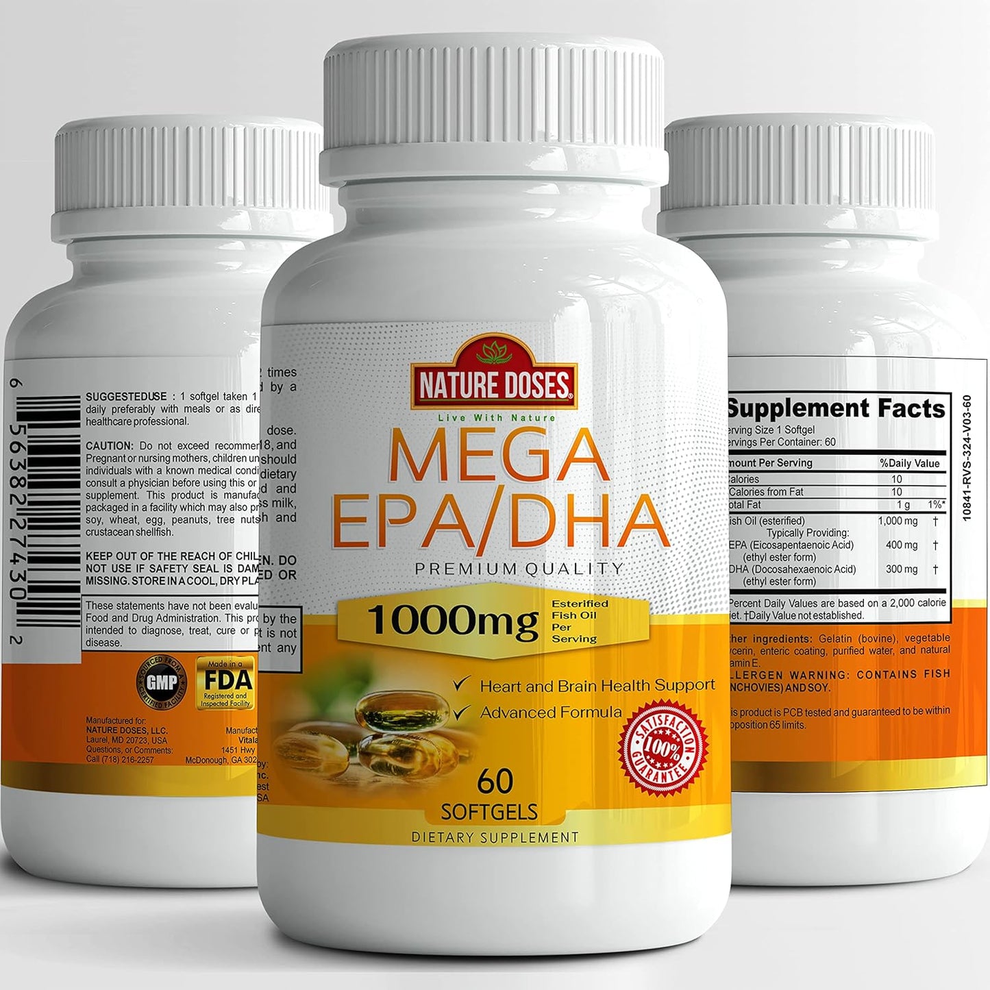 Premium Quality Fish Oil Supplement with EPA & DHA for Heart & Brain Health - 60 Softgels, Non-GMO, 60 Servings