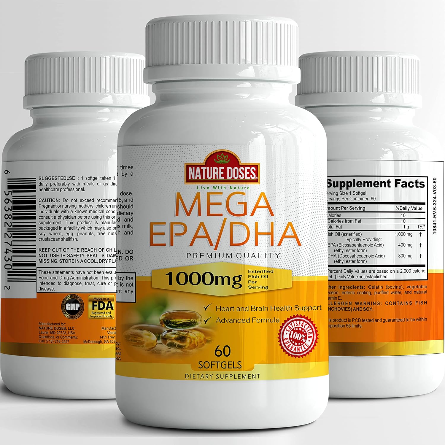Premium Quality Fish Oil Supplement with EPA & DHA for Heart & Brain Health - 60 Softgels, Non-GMO, 60 Servings