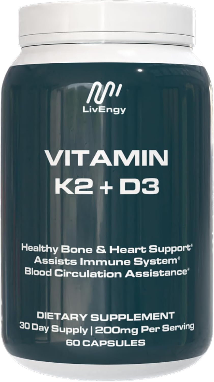 Premium Quality LivEngy Vitamin K2 D3 Supplement for Bone, Heart, and Immune Health - High-Potency Formula with 60 Capsules - Non-GMO, Gluten-Free, Vegetarian - 60 Servings