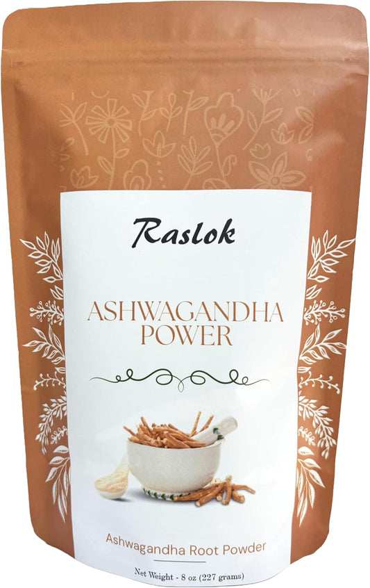 Premium Raslok Ashwagandha Root Powder - 8 Oz | Authentic Grade A Withania Somnifera from India | Non-GMO & Vegan