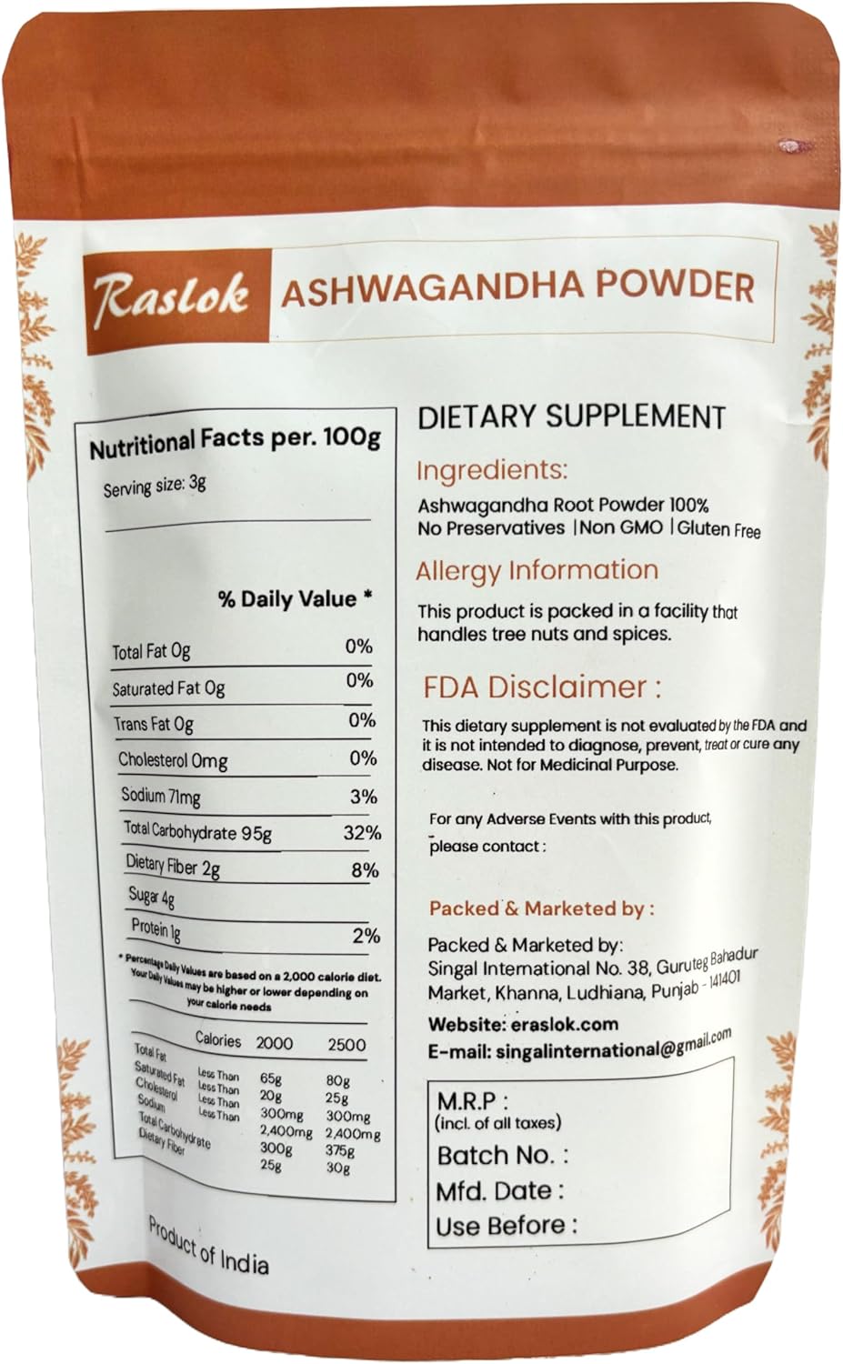 Premium Raslok Ashwagandha Root Powder - 8 Oz | Authentic Grade A Withania Somnifera from India | Non-GMO & Vegan