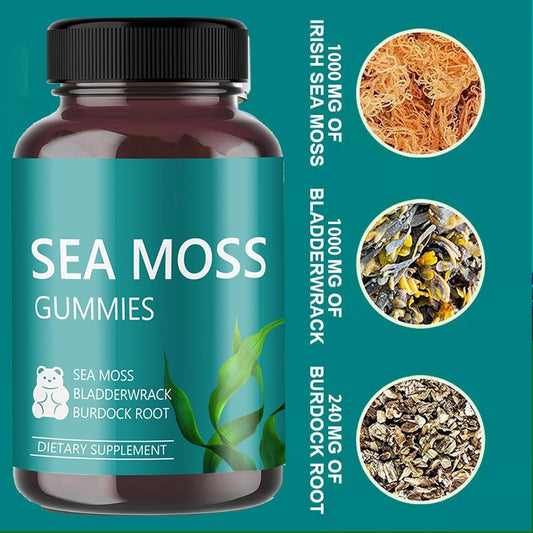 Premium Sea Moss Gummies with Bladderwrack & Burdock Root - Multimineral Irish Seaweed - 60 Edible Gummies (2 Bottles)