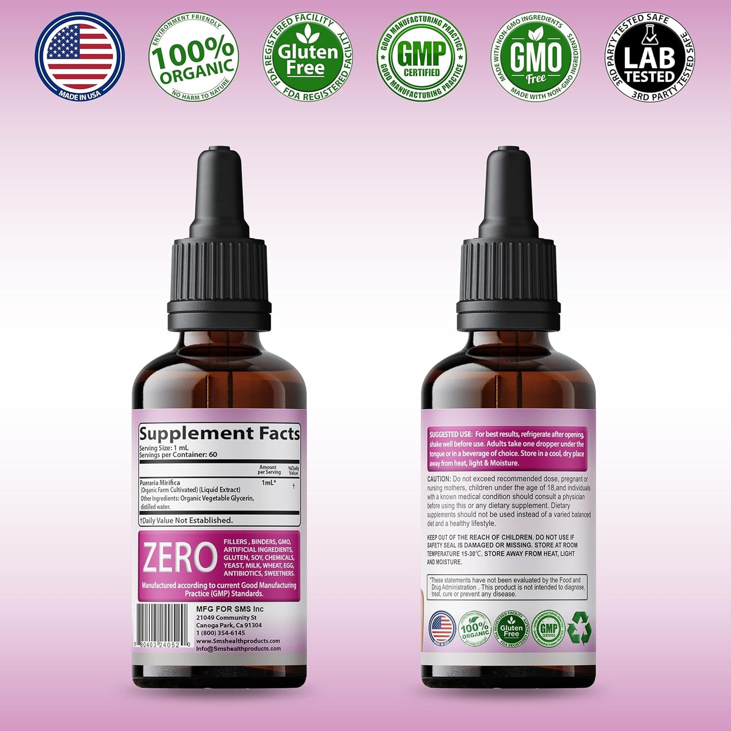Premium SMS Feminizer: Pueraria Mirifica Drops for Estrogen | Herbal Liquid Extract | Non-GMO & Organic | 2 Fl Oz for Trans Women & LGBT