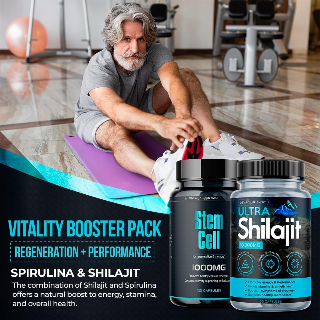 Premium Stem Cell & Shilajit Supplement Vitality Booster Pack - Immunity & Energy Support - Natural Antiaging & Longevity Formula - Spirulina, Chlorella, Mineral Extracts - 120 Capsules