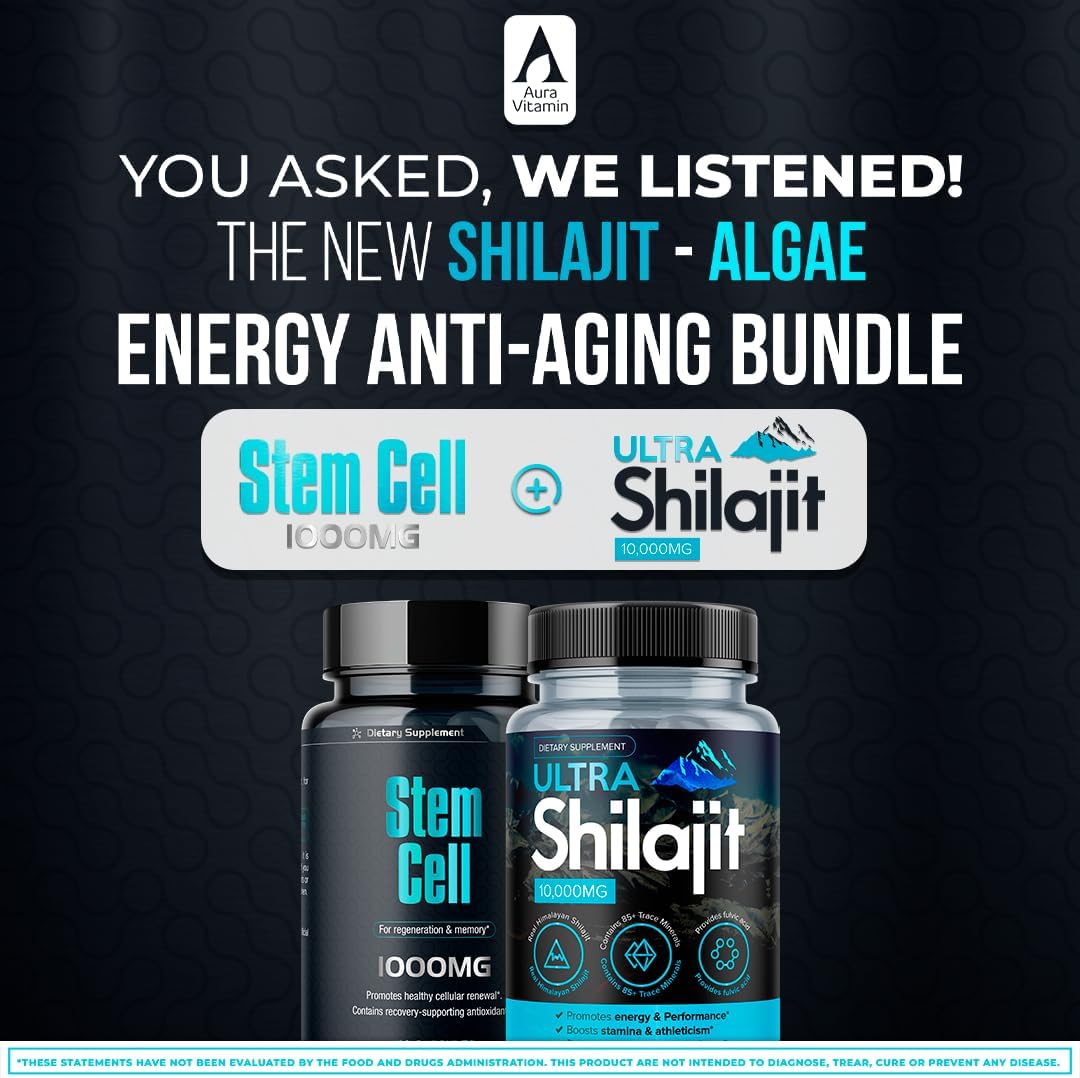 Premium Stem Cell & Shilajit Supplement Vitality Booster Pack - Immunity & Energy Support - Natural Antiaging & Longevity Formula - Spirulina, Chlorella, Mineral Extracts - 120 Capsules