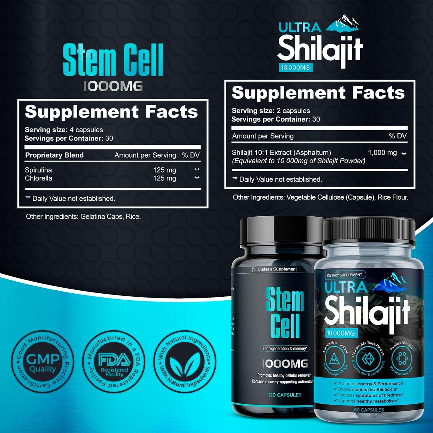 Premium Stem Cell & Shilajit Supplement Vitality Booster Pack - Immunity & Energy Support - Natural Antiaging & Longevity Formula - Spirulina, Chlorella, Mineral Extracts - 120 Capsules