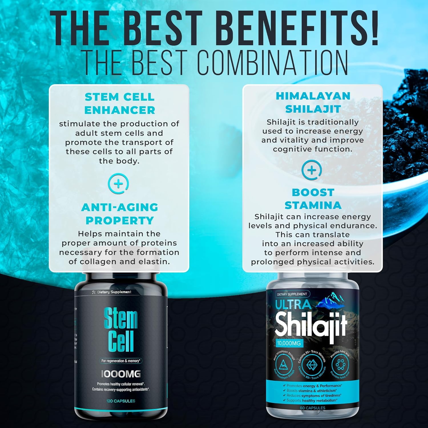 Premium Stem Cell & Shilajit Supplement Vitality Booster Pack - Immunity & Energy Support - Natural Antiaging & Longevity Formula - Spirulina, Chlorella, Mineral Extracts - 120 Capsules