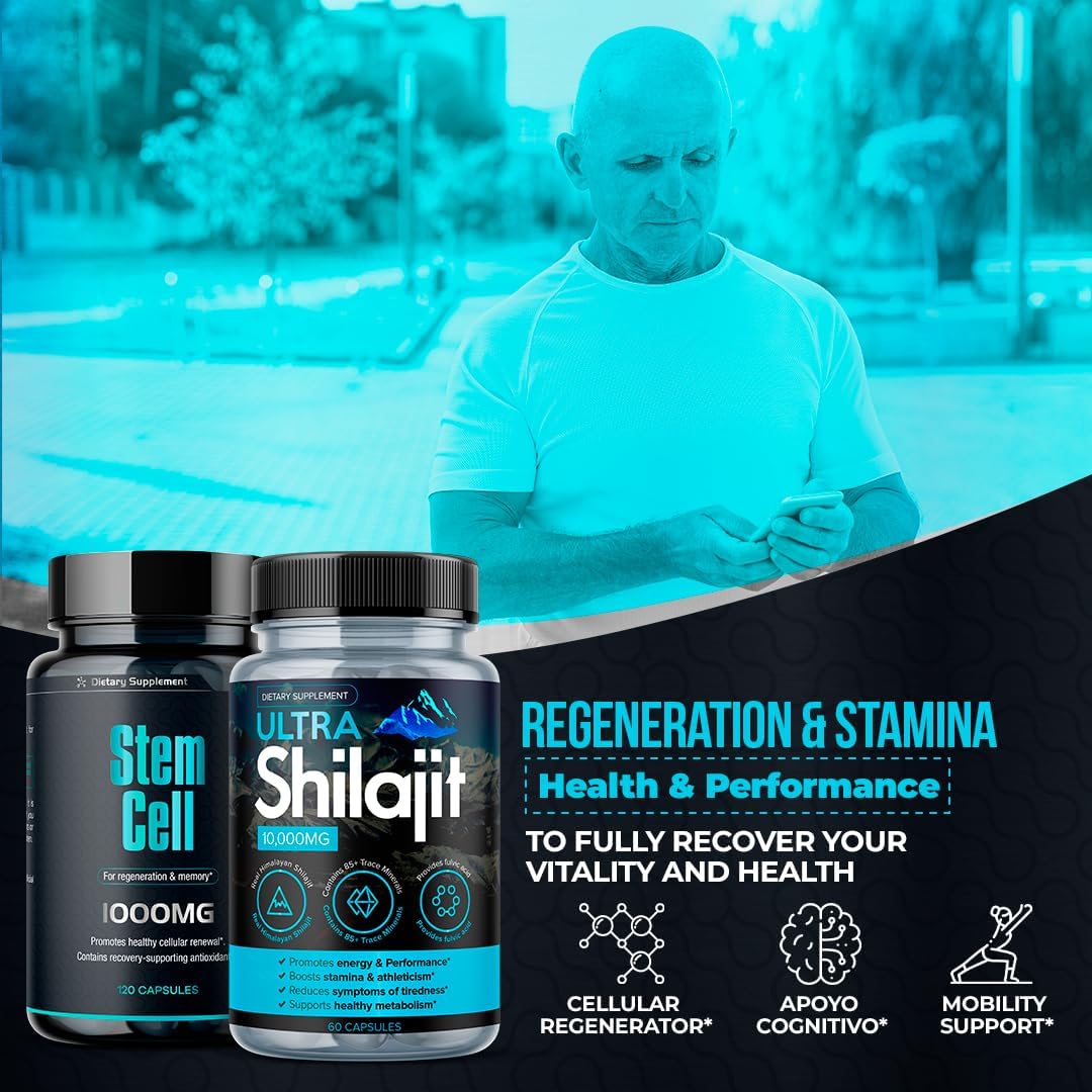 Premium Stem Cell & Shilajit Supplement Vitality Booster Pack - Immunity & Energy Support - Natural Antiaging & Longevity Formula - Spirulina, Chlorella, Mineral Extracts - 120 Capsules