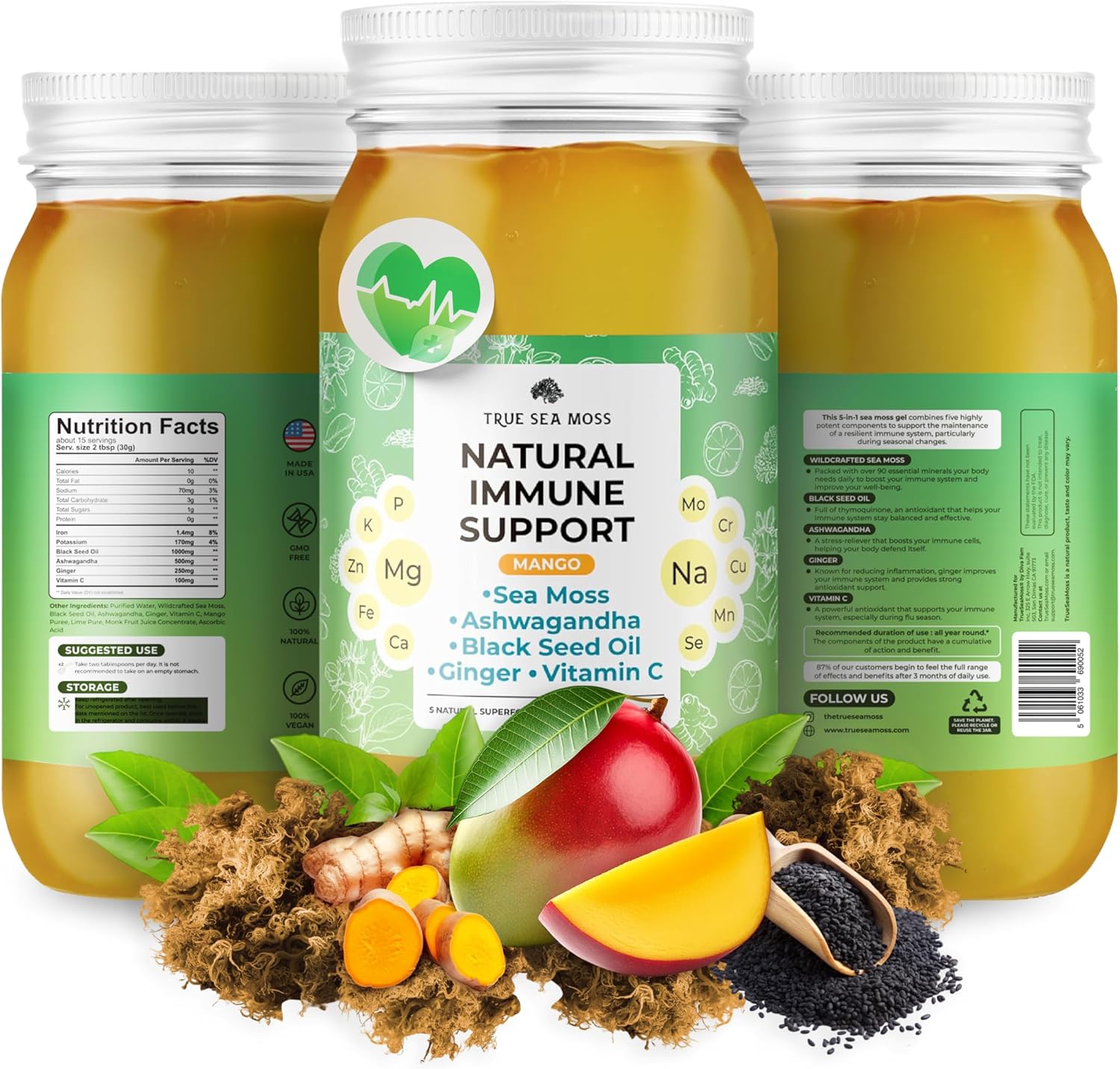 Premium TrueSeaMoss Gel with Immune Support and 5+ Fruit Flavors - Vegan-Friendly Vitamin Supplement with Sea Moss, Potassium, and Rich Minerals - Made in USA - Mango Flavor - 1 Pack