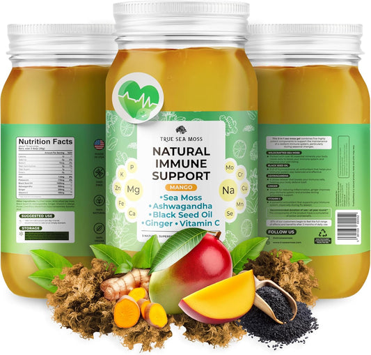 Premium TrueSeaMoss Gel with Immune Support and 5+ Fruit Flavors - Vegan-Friendly Vitamin Supplement with Sea Moss, Potassium, and Rich Minerals - Made in USA - Mango Flavor - 1 Pack