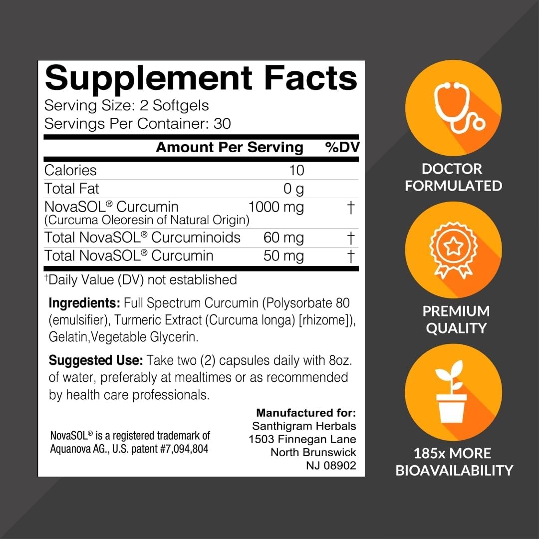 Premium Turmeric Curcumin NovaSOL Supplements - 1000mg for Joint Mobility & Immunity