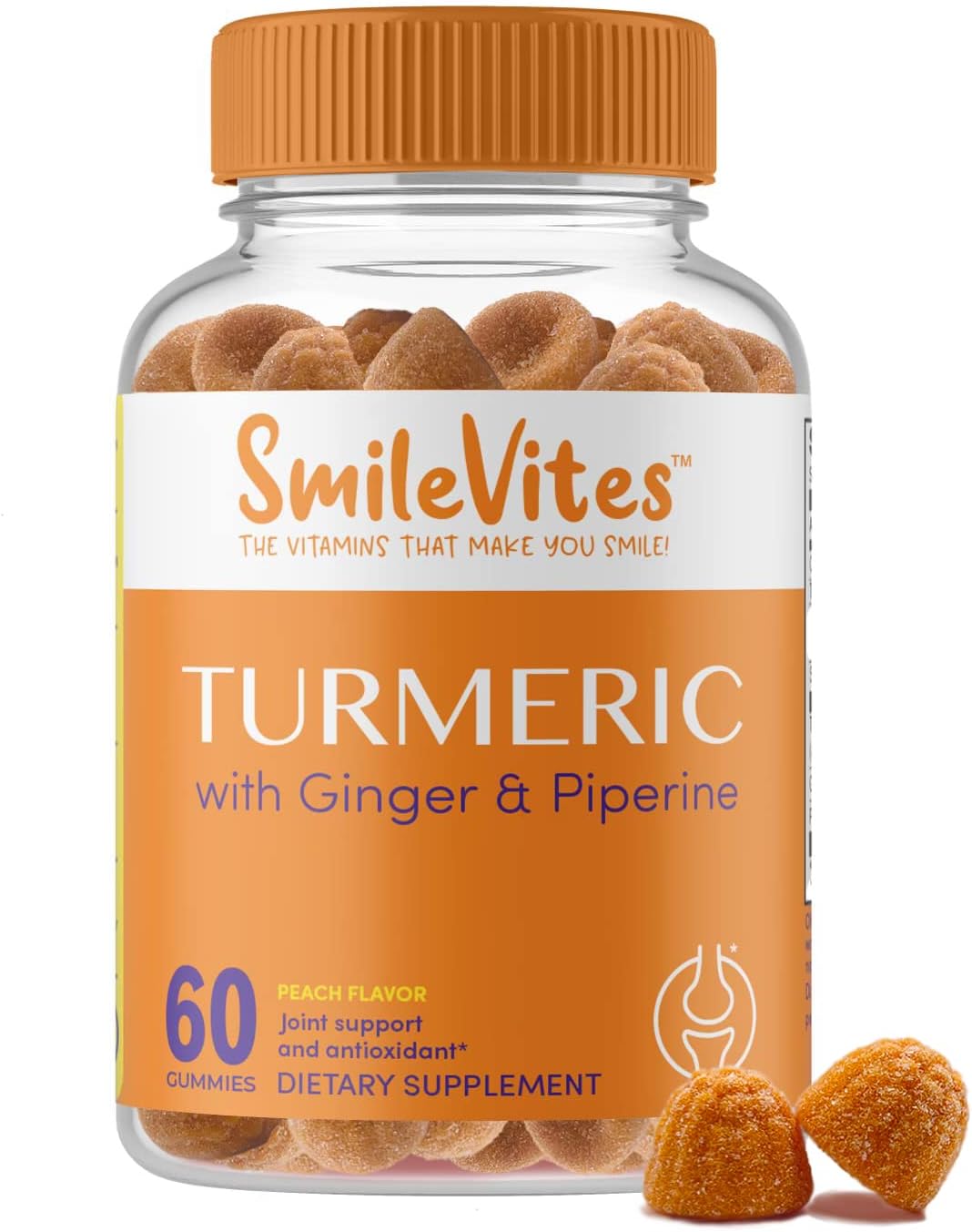 Premium Turmeric Gummies with Curcumin, Ginger, Piperine | Joint, Antioxidant & Digestive Support | Anti-Inflammatory | Peach Flavor | 60 Gummies