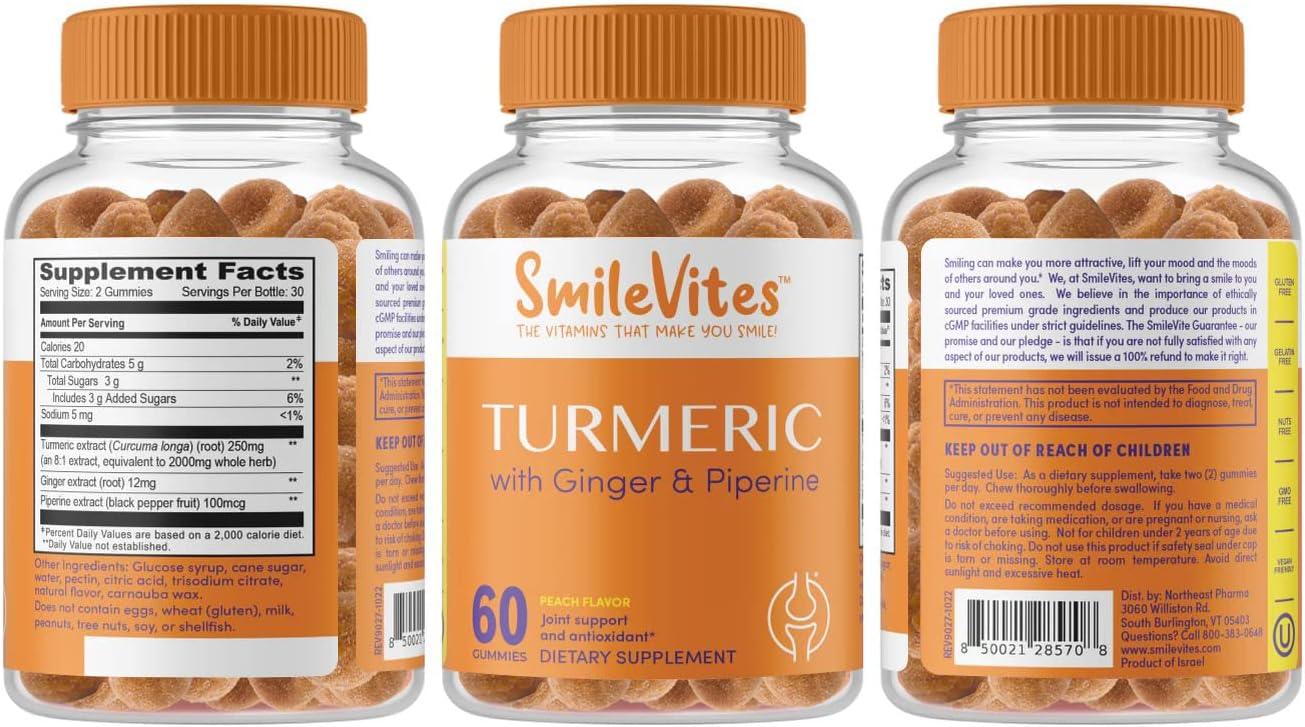 Premium Turmeric Gummies with Curcumin, Ginger, Piperine | Joint, Antioxidant & Digestive Support | Anti-Inflammatory | Peach Flavor | 60 Gummies