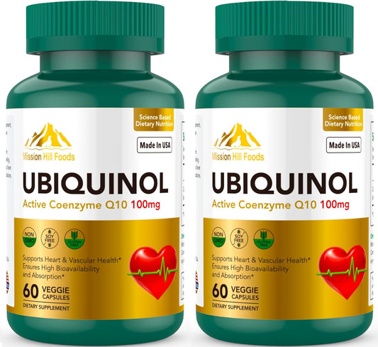 Premium Ubiquinol CoQ10 Antioxidant for Heart Health (100mg) - Heart & Vascular Support - 2 Bottles, 120 Capsules, 4 Month Supply - Maintain Healthy Blood Pressure - Non-GMO & Gluten Free