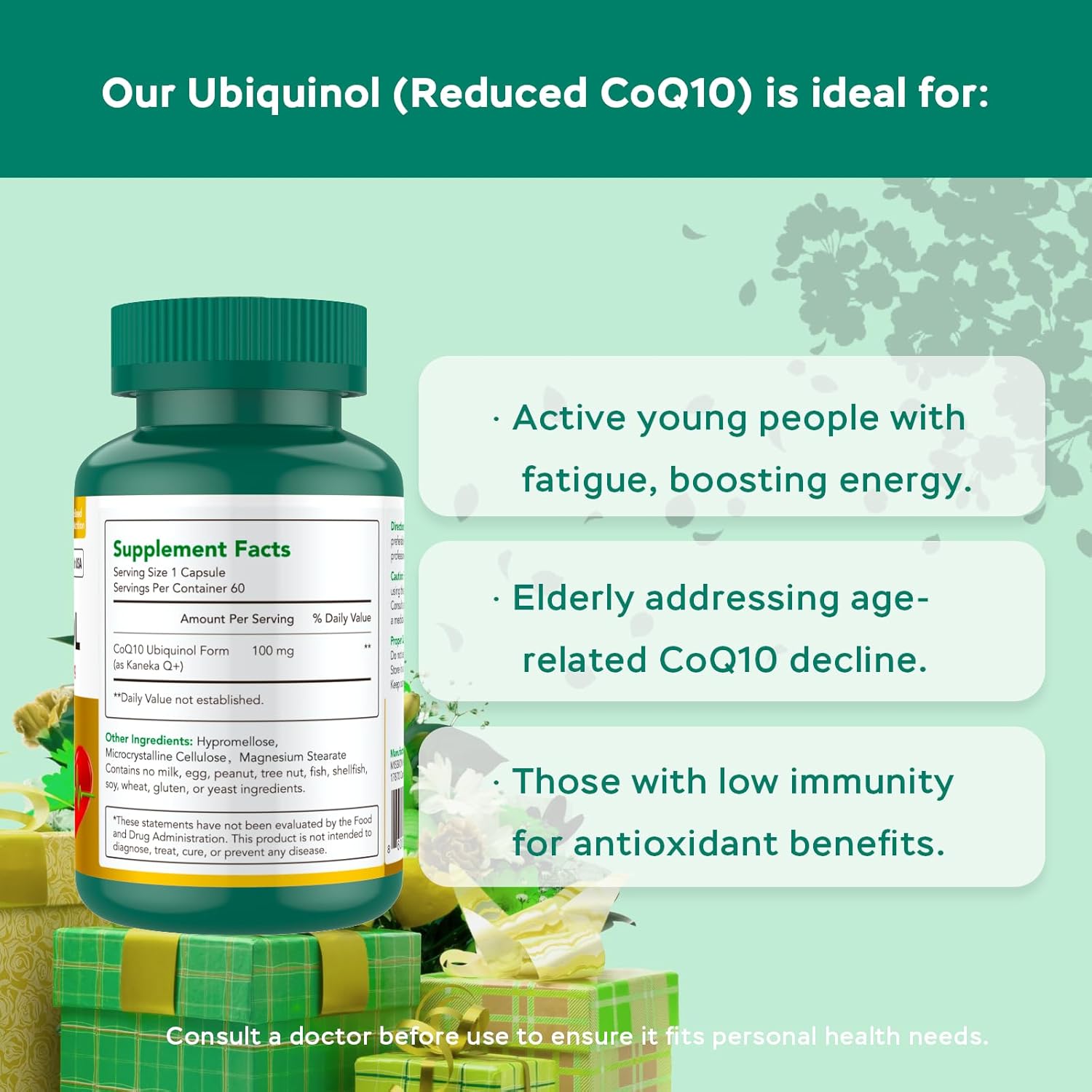 Premium Ubiquinol CoQ10 Antioxidant for Heart Health (100mg) - Heart & Vascular Support - 2 Bottles, 120 Capsules, 4 Month Supply - Maintain Healthy Blood Pressure - Non-GMO & Gluten Free