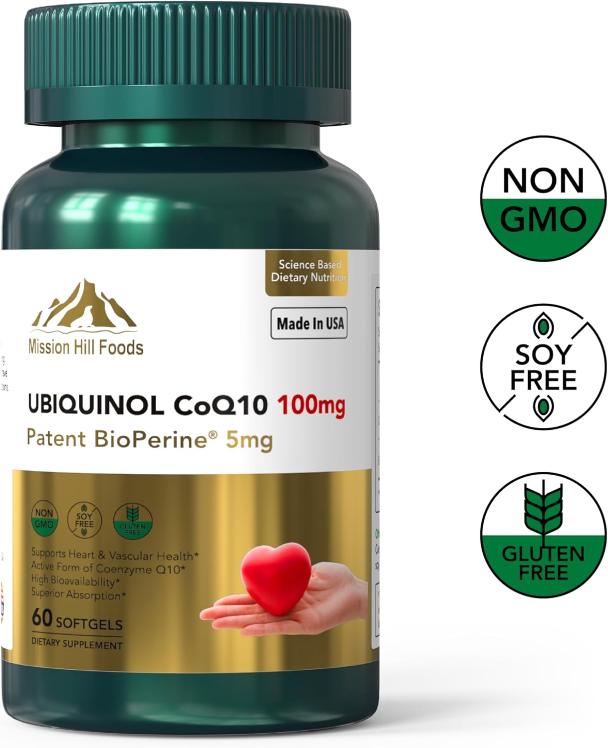 Premium Ubiquinol CoQ10 with BioPerine for Heart Health - 100mg (60 Softgels)