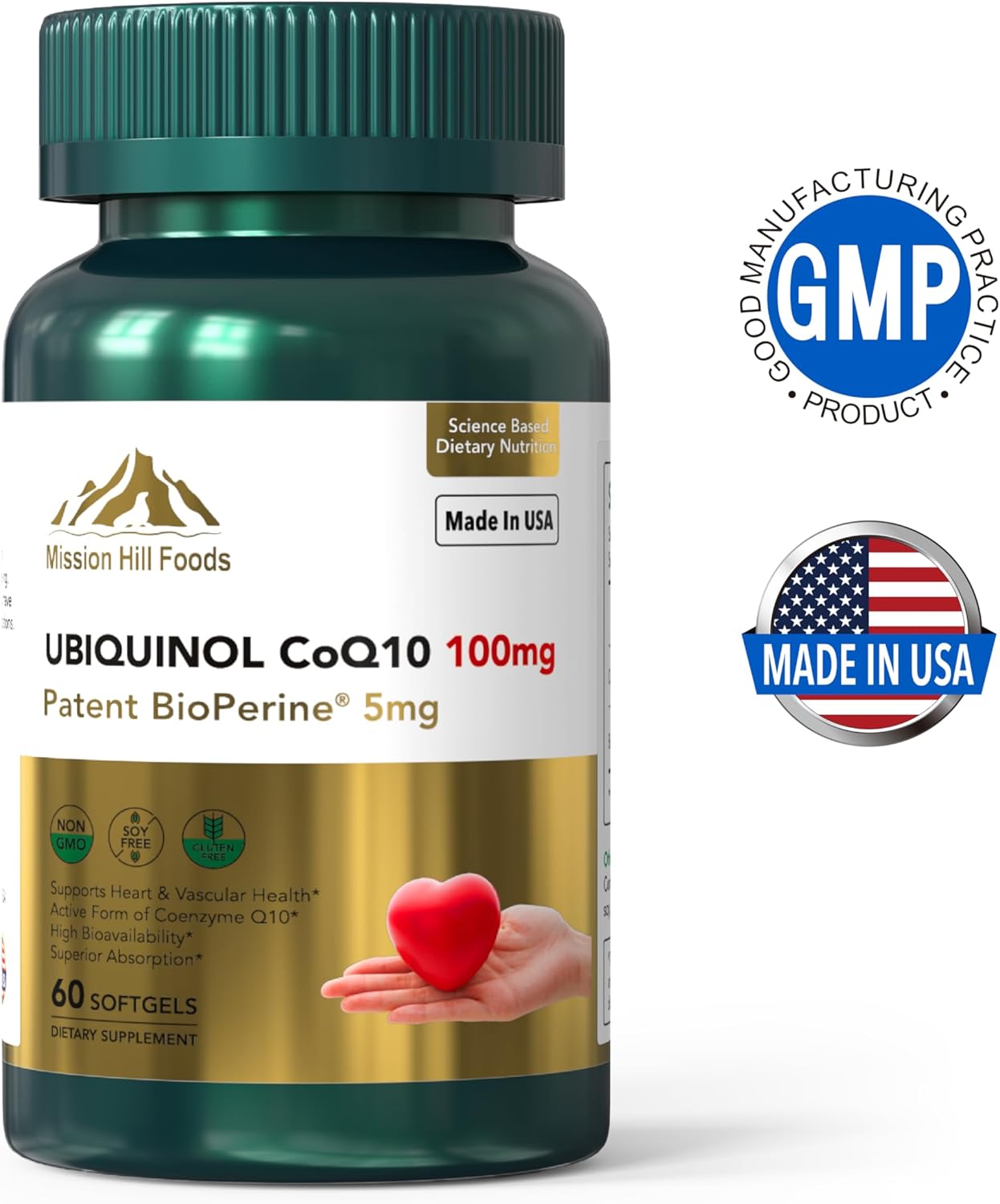 Premium Ubiquinol CoQ10 with BioPerine for Heart Health - 100mg (60 Softgels)