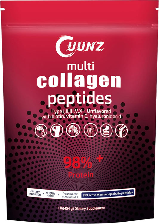 Premium Unflavored Multi Collagen Protein Powder with Biotin, Hyaluronic Acid, Vitamin C - Type I, II, III, V, X - 1lb