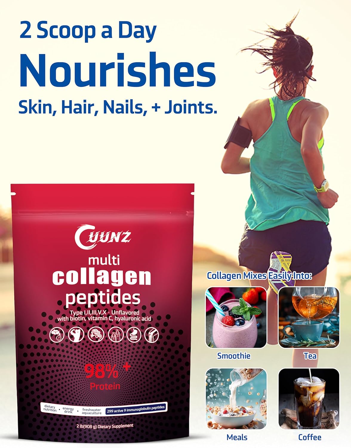 Premium Unflavored Multi Collagen Protein Powder with Biotin, Hyaluronic Acid, Vitamin C - Type I, II, III, V, X - 1lb