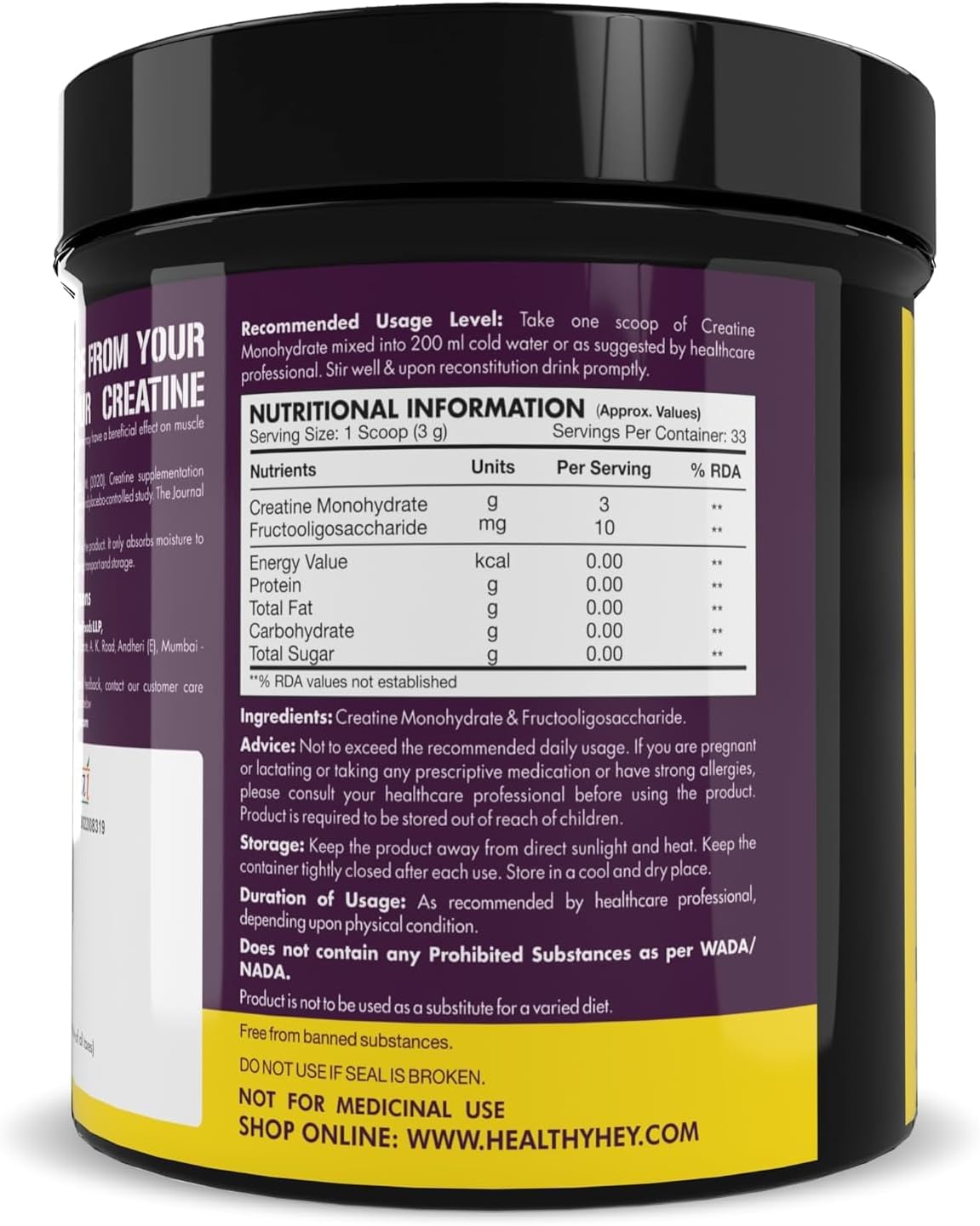Premium Unflavoured Sports Creatine Monohydrate Powder - 100g, 33 Servings for Muscle Building & Performance