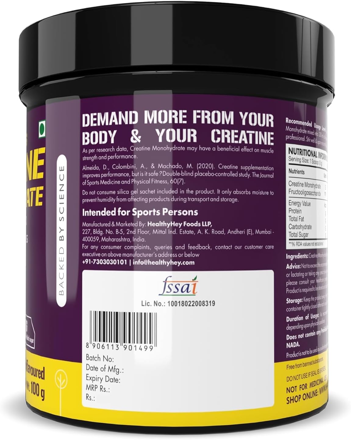 Premium Unflavoured Sports Creatine Monohydrate Powder - 100g, 33 Servings for Muscle Building & Performance