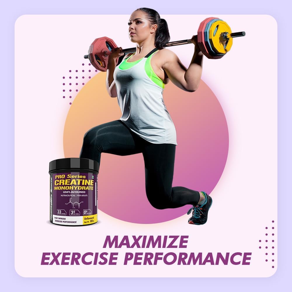 Premium Unflavoured Sports Creatine Monohydrate Powder - 100g, 33 Servings for Muscle Building & Performance