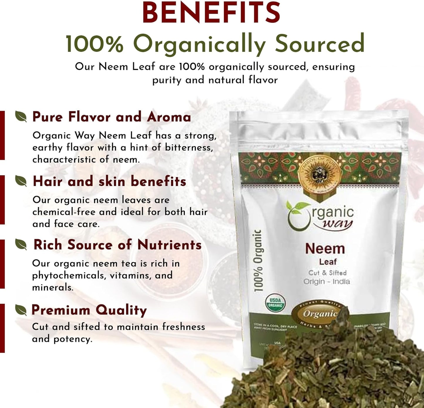 Premium USDA Certified Organic Neem Leaf Cut and Sifted Herbal Tea from India - Non GMO & Gluten Free (16 oz)