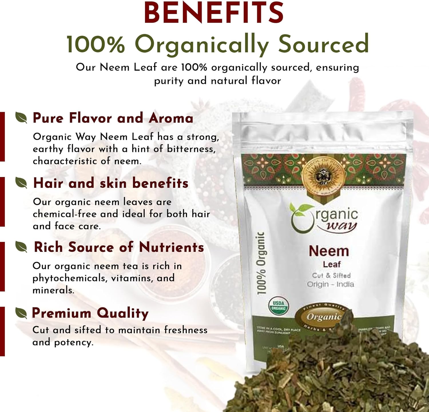 Premium USDA Certified Organic Neem Leaf Cut and Sifted Herbal Tea from India - Non GMO & Gluten Free (16 oz)