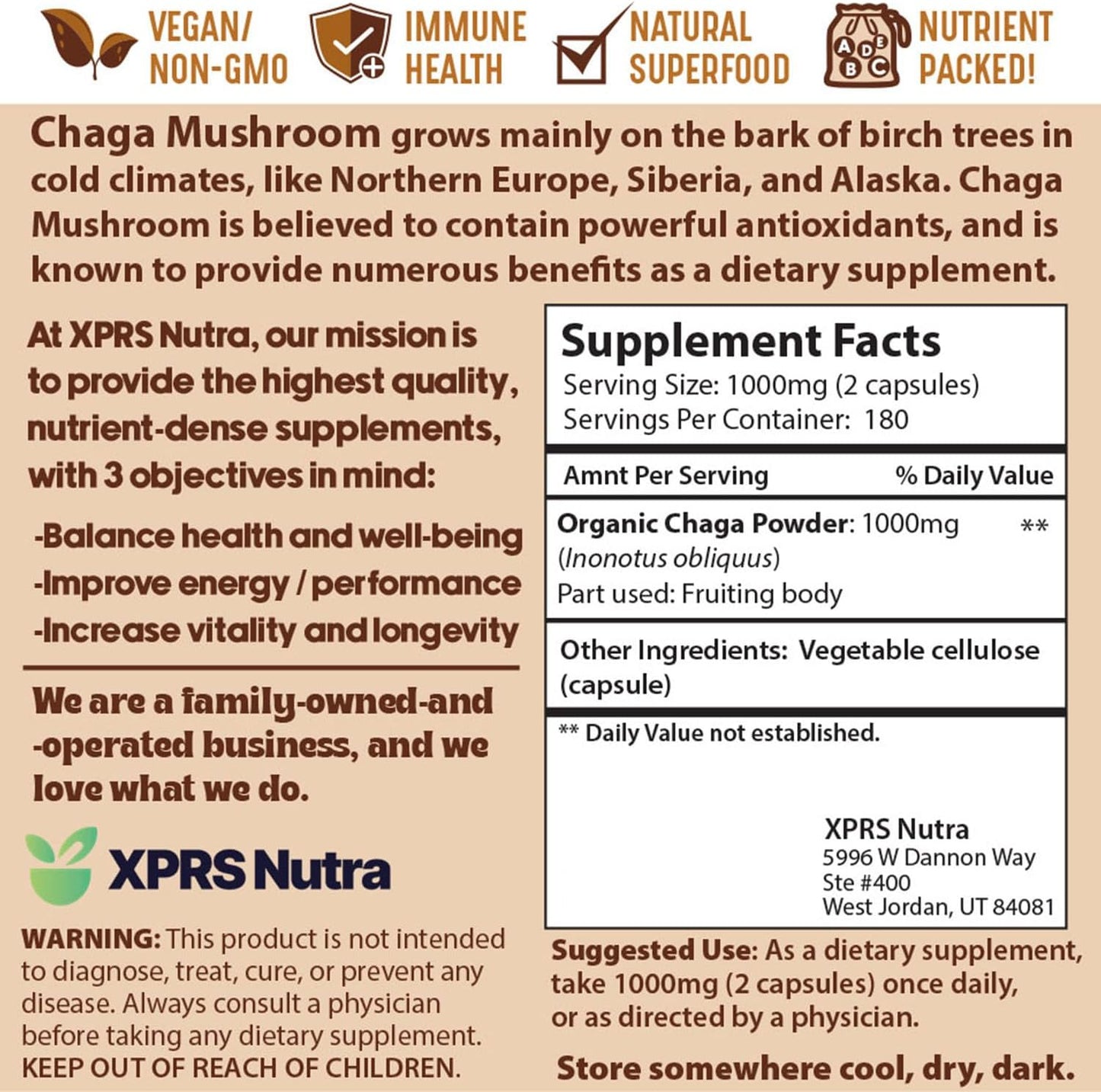 Premium USDA Chaga Mushroom Capsules for Immunity Boost - 360 Count