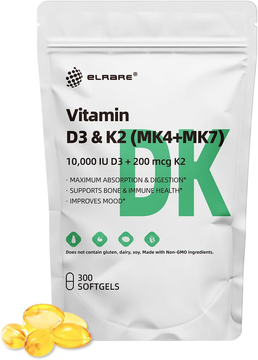 Premium Vitamin D3 K2 Supplement with 300 Coconut Oil Softgels - 10000 IU Vit D3 & 200 mcg Vit K2 - Supports Bone, Heart, and Immune Health - Easy to Swallow, Non-GMO - Calcium Absorption Booster