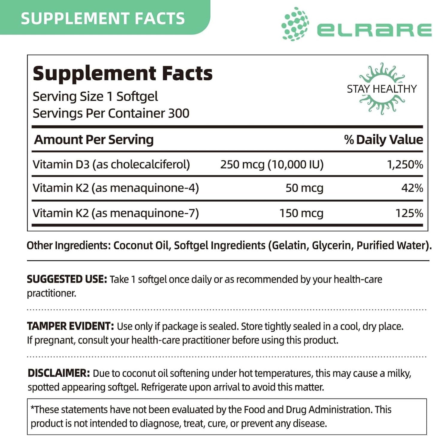 Premium Vitamin D3 K2 Supplement with 300 Coconut Oil Softgels - 10000 IU Vit D3 & 200 mcg Vit K2 - Supports Bone, Heart, and Immune Health - Easy to Swallow, Non-GMO - Calcium Absorption Booster
