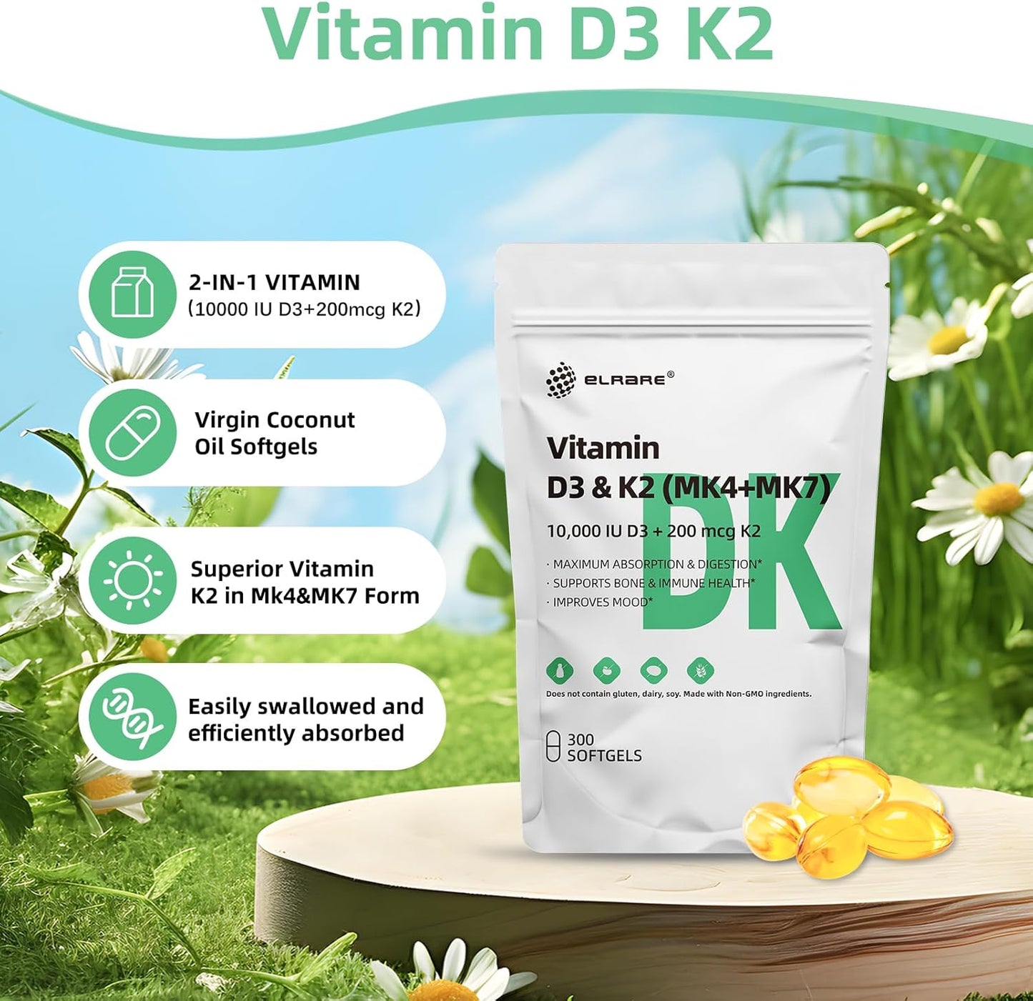 Premium Vitamin D3 K2 Supplement with 300 Coconut Oil Softgels - 10000 IU Vit D3 & 200 mcg Vit K2 - Supports Bone, Heart, and Immune Health - Easy to Swallow, Non-GMO - Calcium Absorption Booster