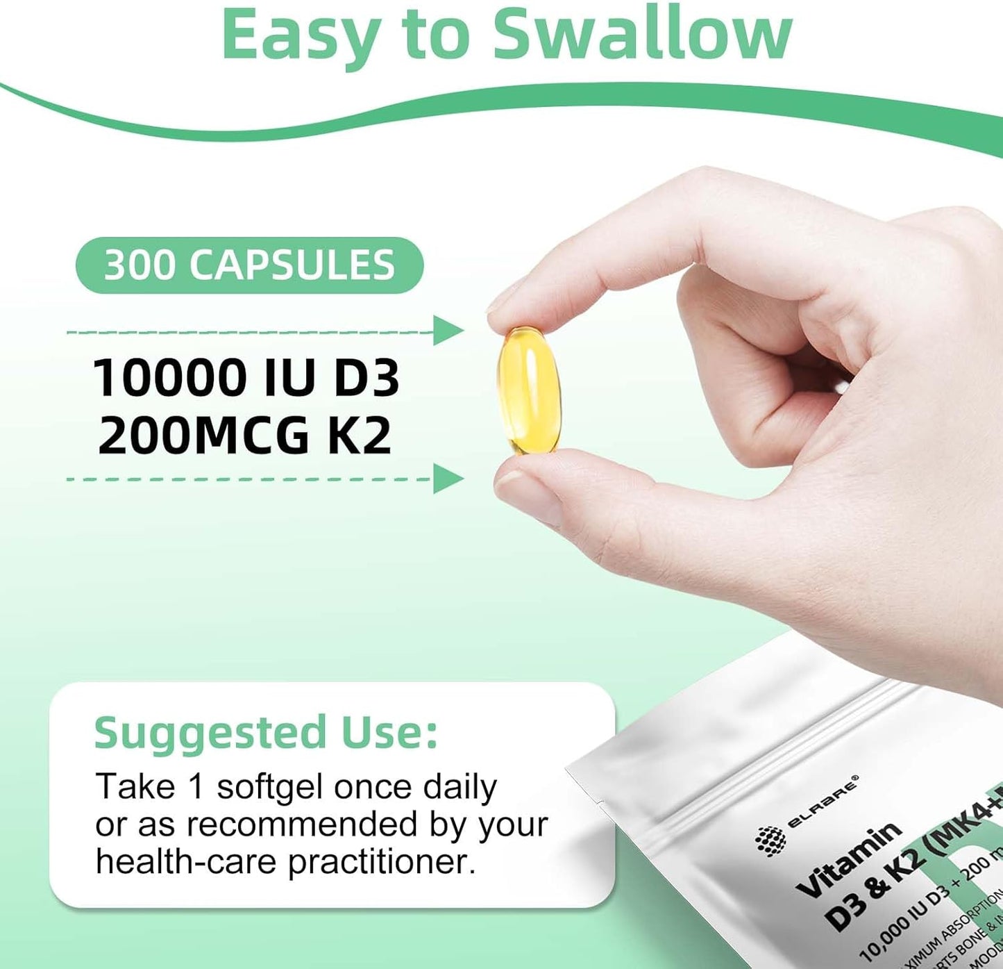 Premium Vitamin D3 K2 Supplement with 300 Coconut Oil Softgels - 10000 IU Vit D3 & 200 mcg Vit K2 - Supports Bone, Heart, and Immune Health - Easy to Swallow, Non-GMO - Calcium Absorption Booster