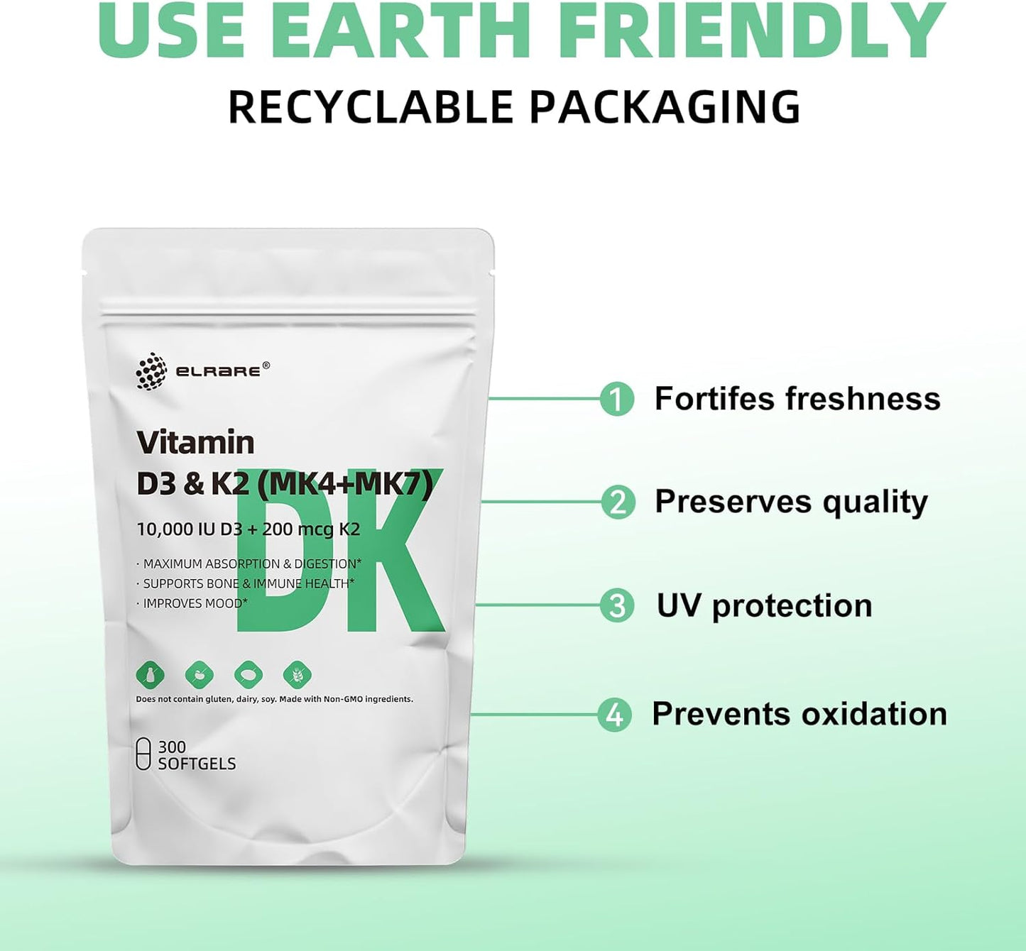 Premium Vitamin D3 K2 Supplement with 300 Coconut Oil Softgels - 10000 IU Vit D3 & 200 mcg Vit K2 - Supports Bone, Heart, and Immune Health - Easy to Swallow, Non-GMO - Calcium Absorption Booster