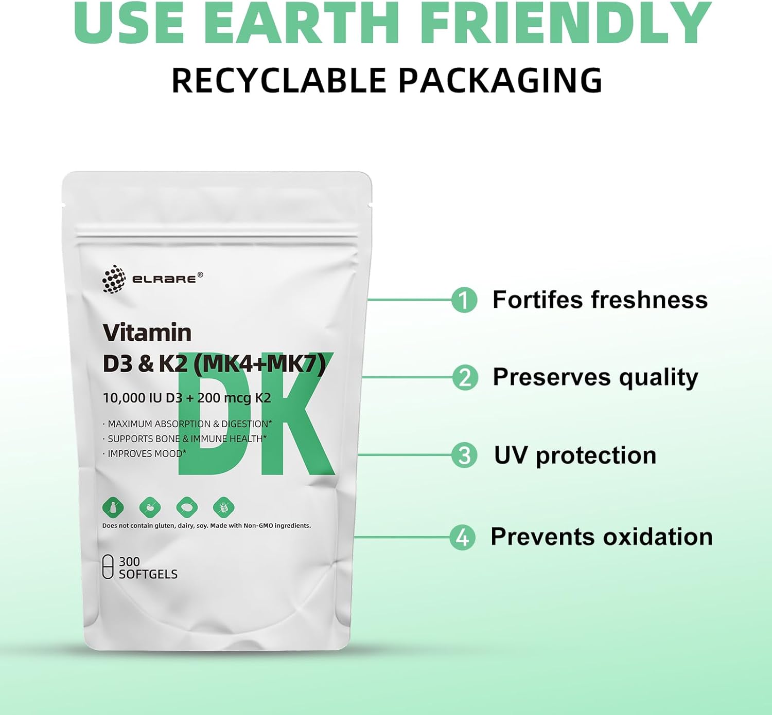 Premium Vitamin D3 K2 Supplement with 300 Coconut Oil Softgels - 10000 IU Vit D3 & 200 mcg Vit K2 - Supports Bone, Heart, and Immune Health - Easy to Swallow, Non-GMO - Calcium Absorption Booster