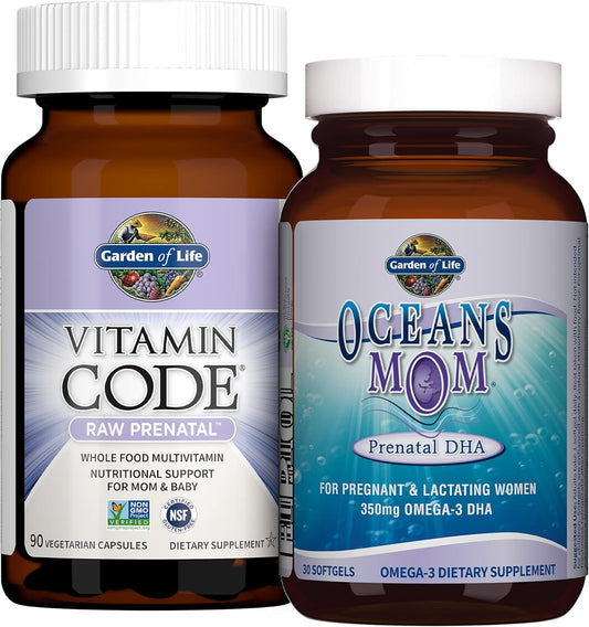 Prenatal Multi + DHA Bundle: Garden of Life Raw Prenatal Multivitamin with Folate & Oceans Mom DHA Fish Oil, 90 Capsules + 30 Softgels