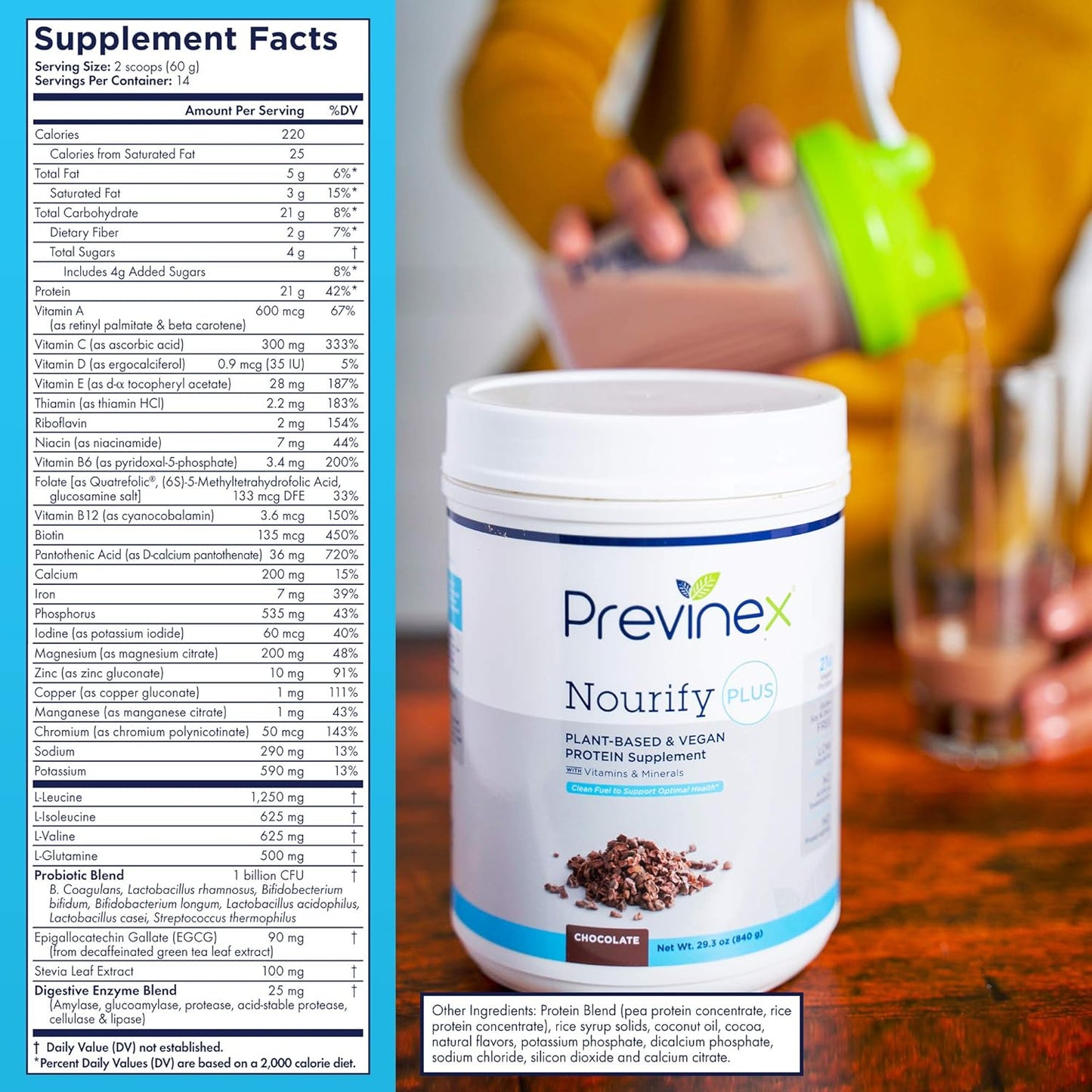 Previnex Nourify Plus Chocolate Plant Based Protein Shake - Vegan Powder, High Protein, Low Sugar, Gluten/Soy/Dairy Free (29.3 oz)