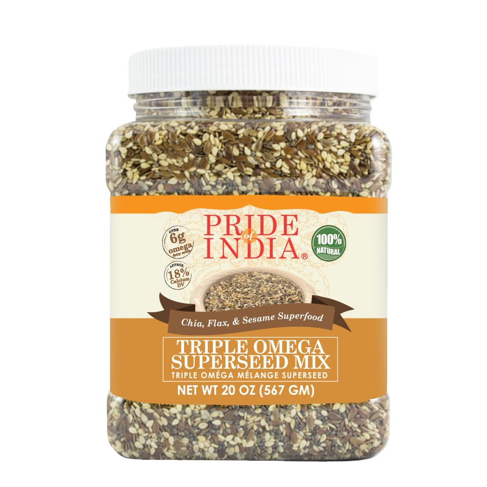 Pride Of India Triple Omega Superseed Mix - Protein Fiber Calcium Iron Omega-3 Omega-6 Thiamin Chia Flax Sesame Seeds - 1.25lb Jar