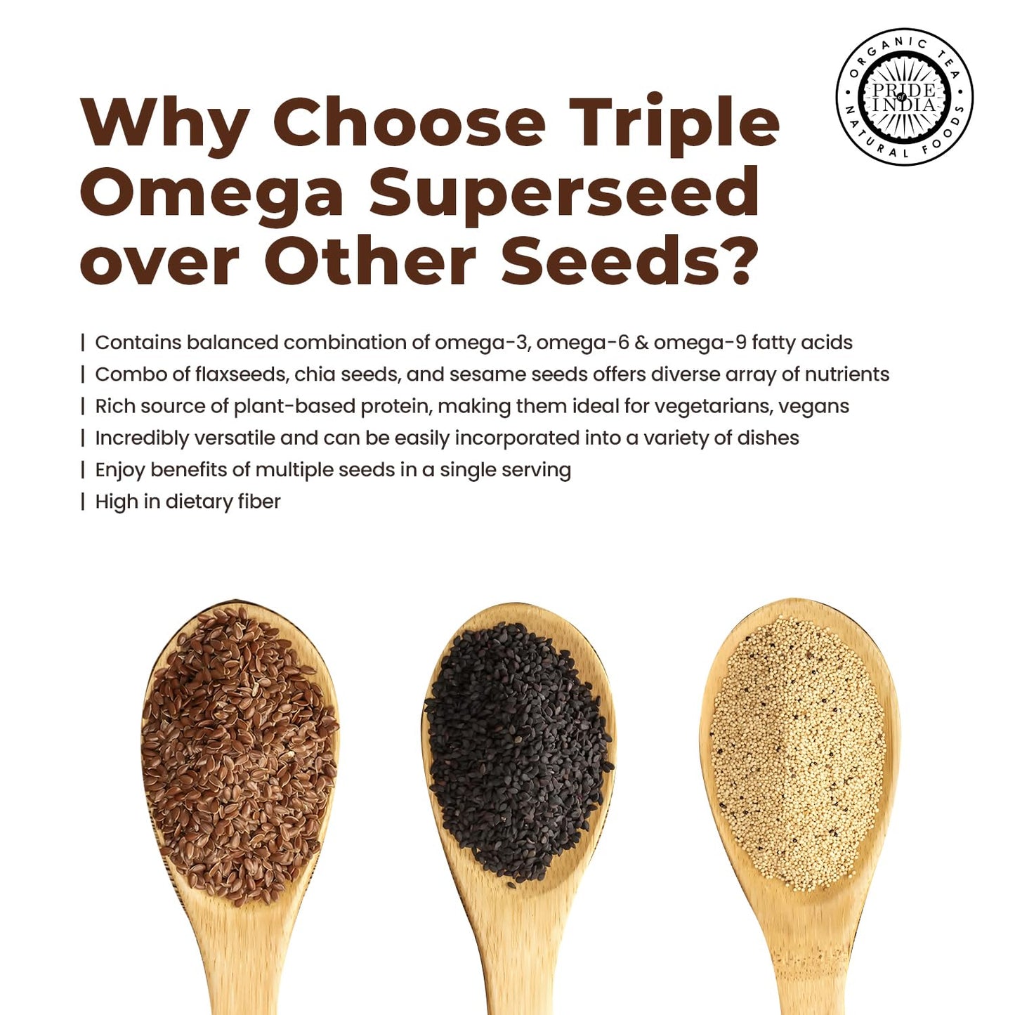 Pride Of India Triple Omega Superseed Mix - Protein Fiber Calcium Iron Omega-3 Omega-6 Thiamin Chia Flax Sesame Seeds - 1.25lb Jar