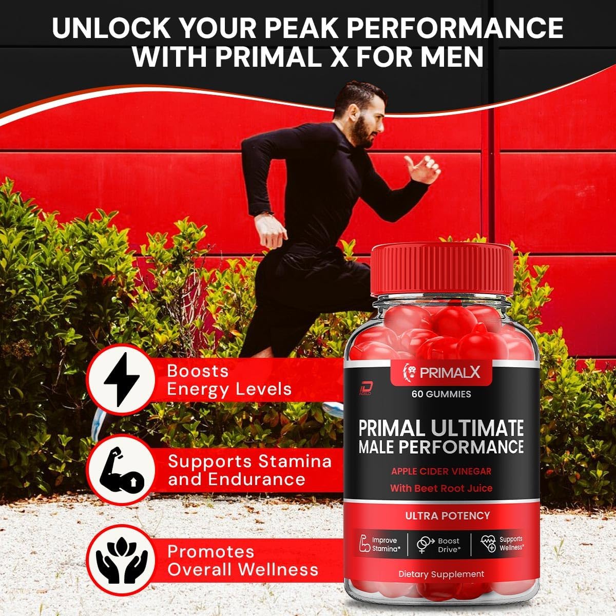 PrimalUltimate Male Performance Gummies with Apple Cider Vinegar and Vitamin B12 - 3 Pack of 180 Gummies