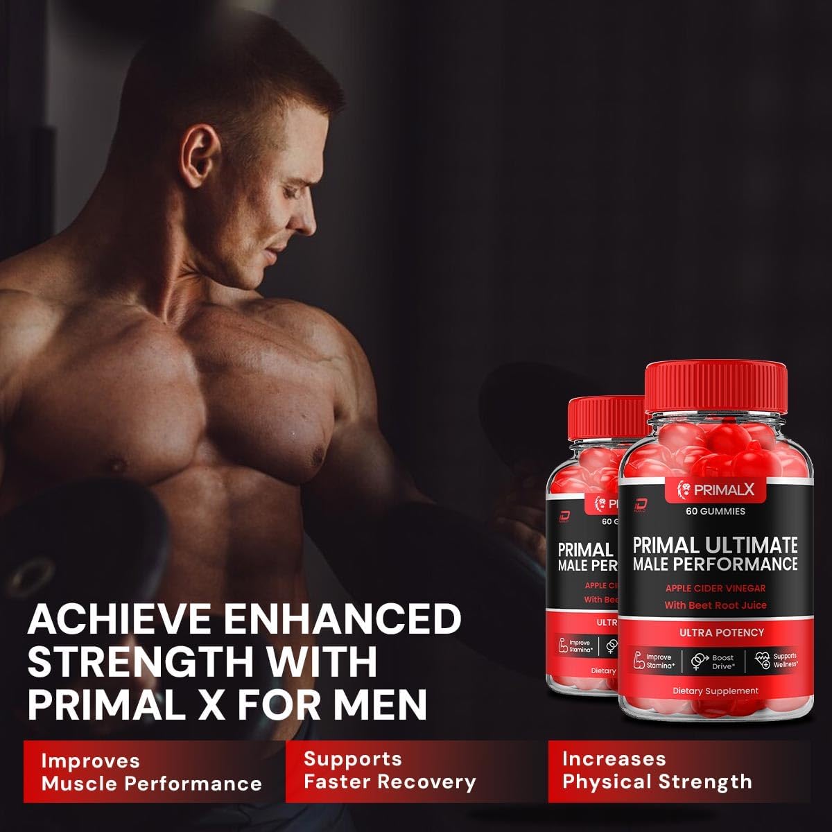 PrimalUltimate Male Performance Gummies with Apple Cider Vinegar and Vitamin B12 - 3 Pack of 180 Gummies