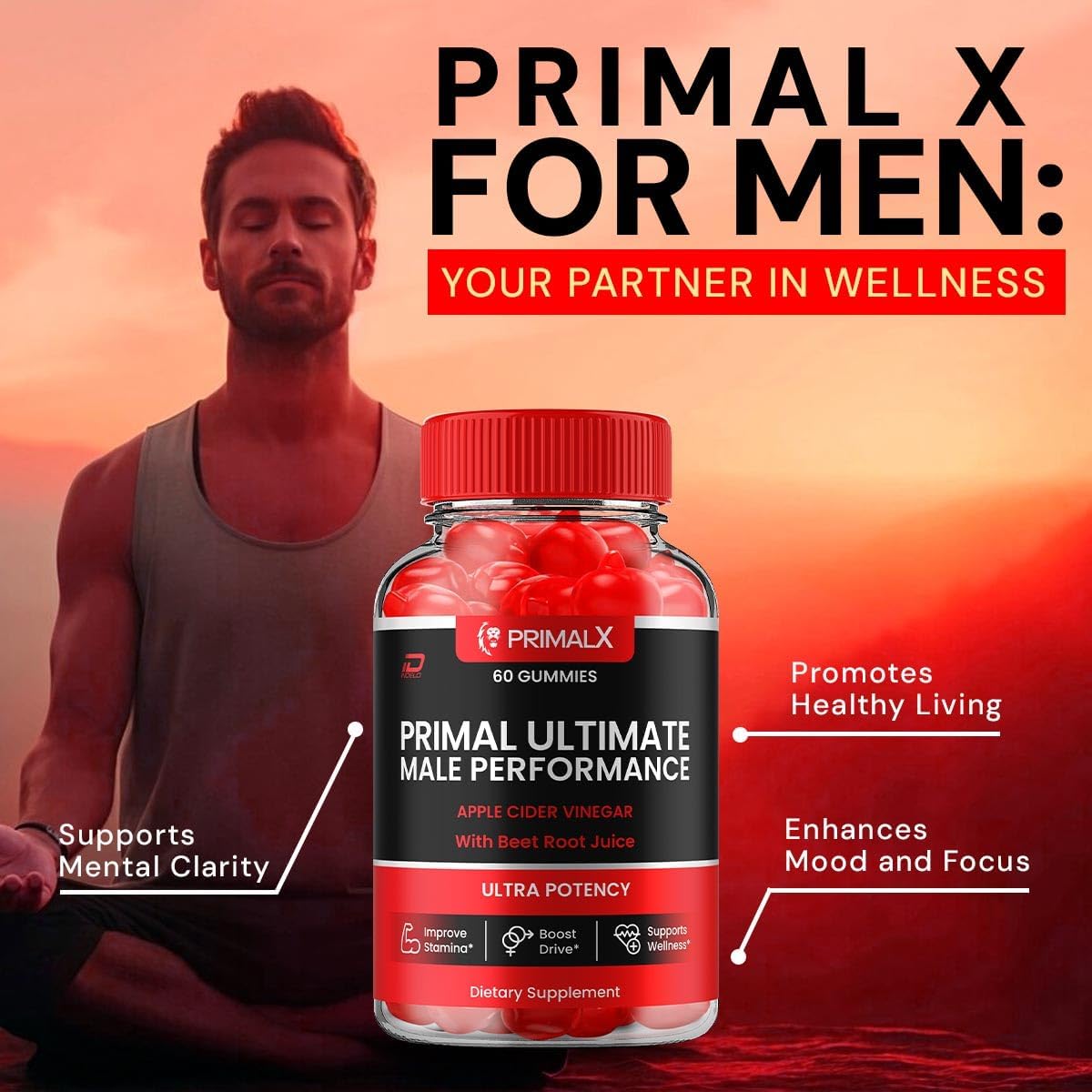 PrimalUltimate Male Performance Gummies with Apple Cider Vinegar and Vitamin B12 - 3 Pack of 180 Gummies