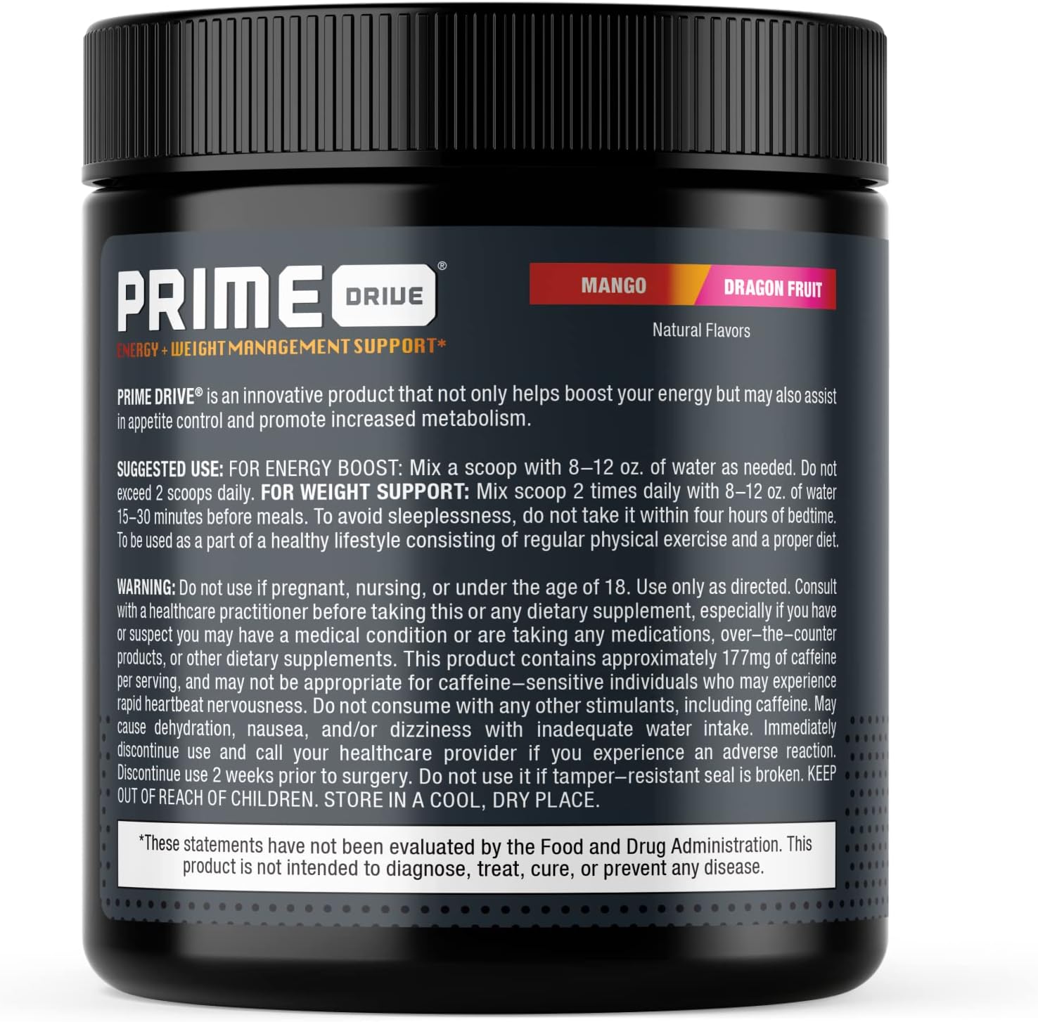 Prime Drive Energy Mango Dragonfruit Pre Workout Powder - Enhances Energy, Focus, Intensity, and Metabolism - 30 Servings