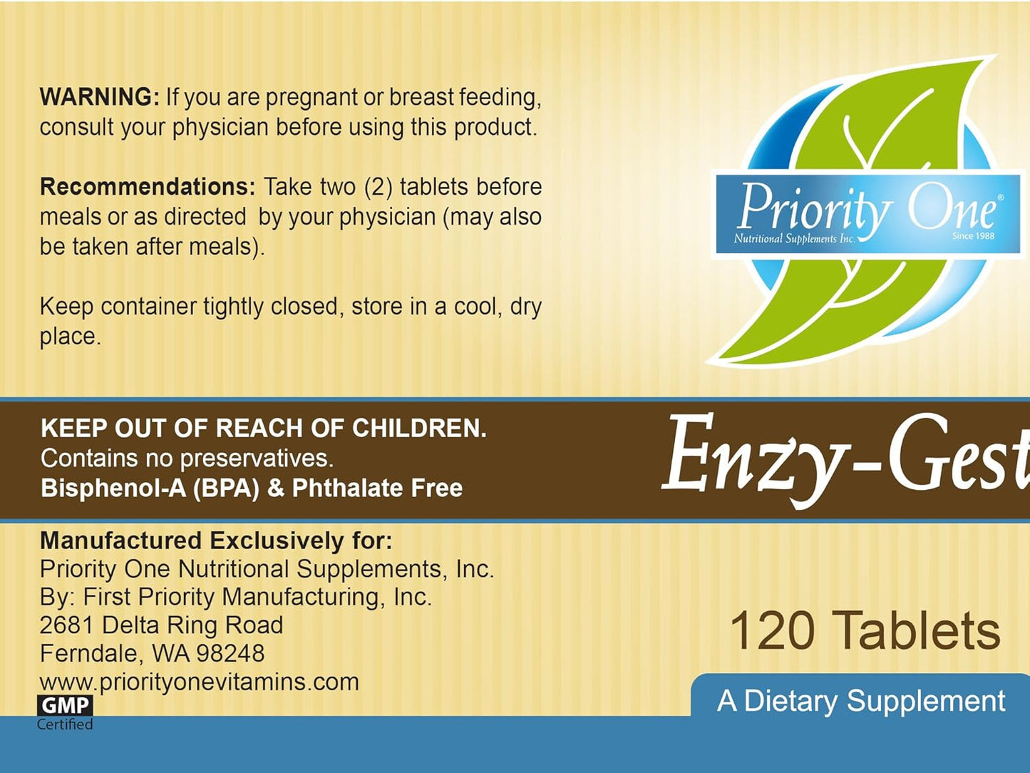 Priority One Vitamins Enzy Gest 120 Tablets - Supports Healthy Digestion and Intestinal Enzyme Activity with Two-Phase Formula