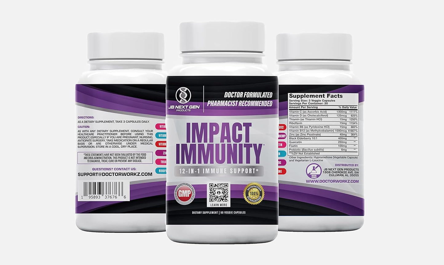 Probaxstra IMPACT IMMUNITY 12-IN-1 Immune System Booster with Elderberry, Vitamin C, Zinc, Probiotic & More - Made in USA (90 Count)