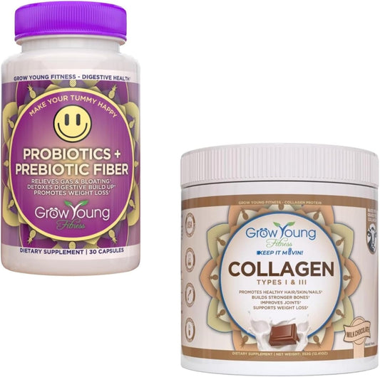 Probiotic and Chocolate Collagen Bundle for Digestive Health, Skin, and Bones - 30 Pack Probiotics + 12.4oz Collagen Powder