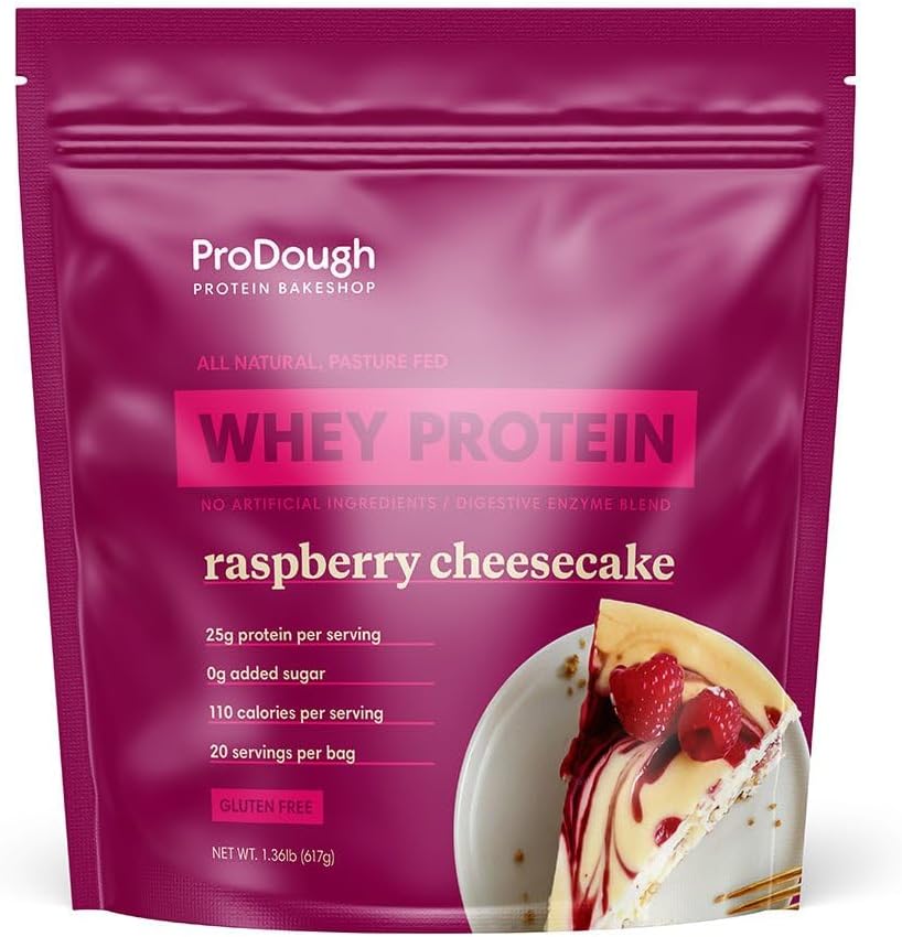 ProDough Gourmet Whey Isolate Protein Powder - Raspberry Cheesecake Flavor, 25g Protein, Gluten-Free & Keto-Friendly with Easy Digest Enzymes