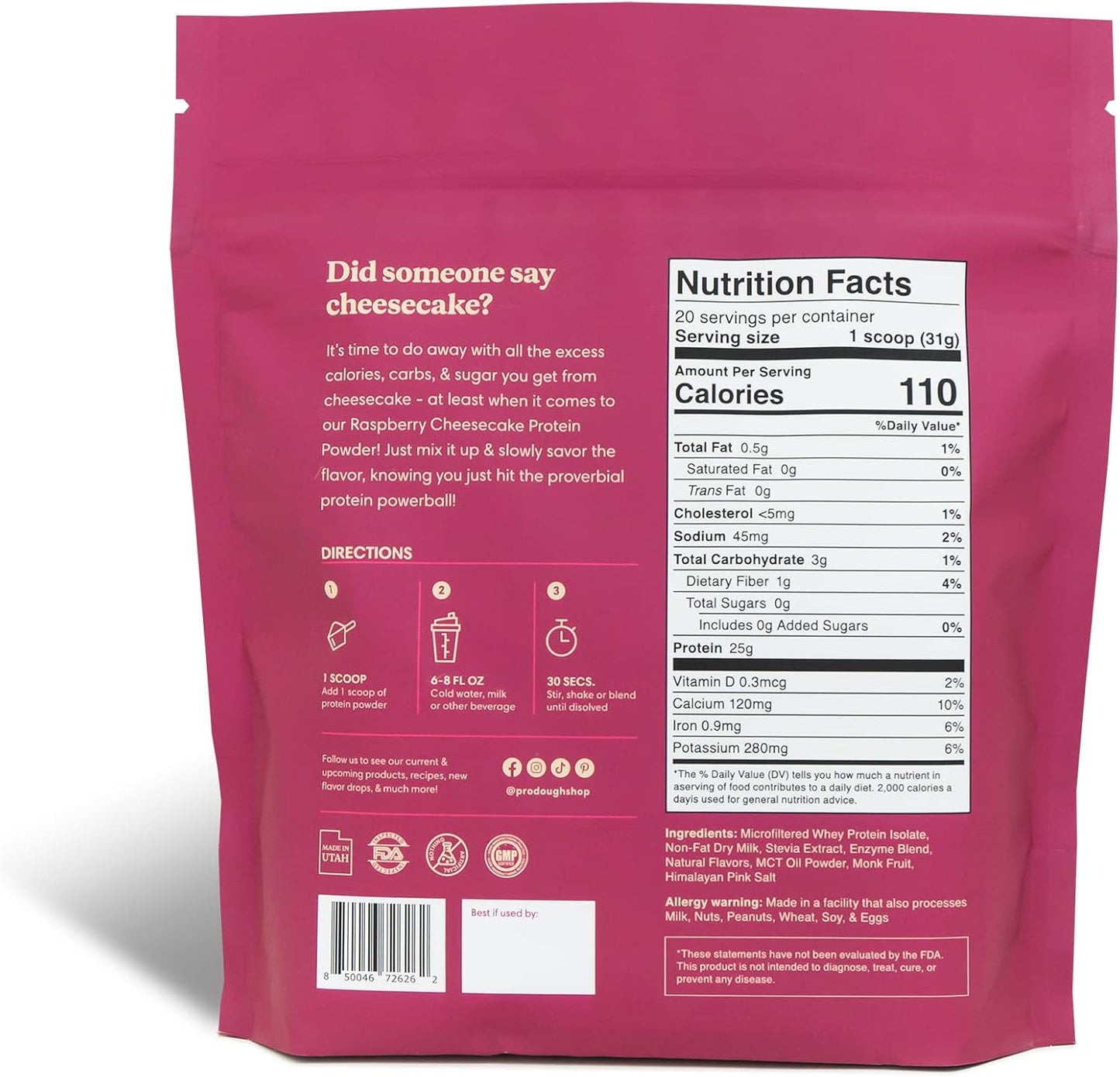 ProDough Gourmet Whey Isolate Protein Powder - Raspberry Cheesecake Flavor, 25g Protein, Gluten-Free & Keto-Friendly with Easy Digest Enzymes